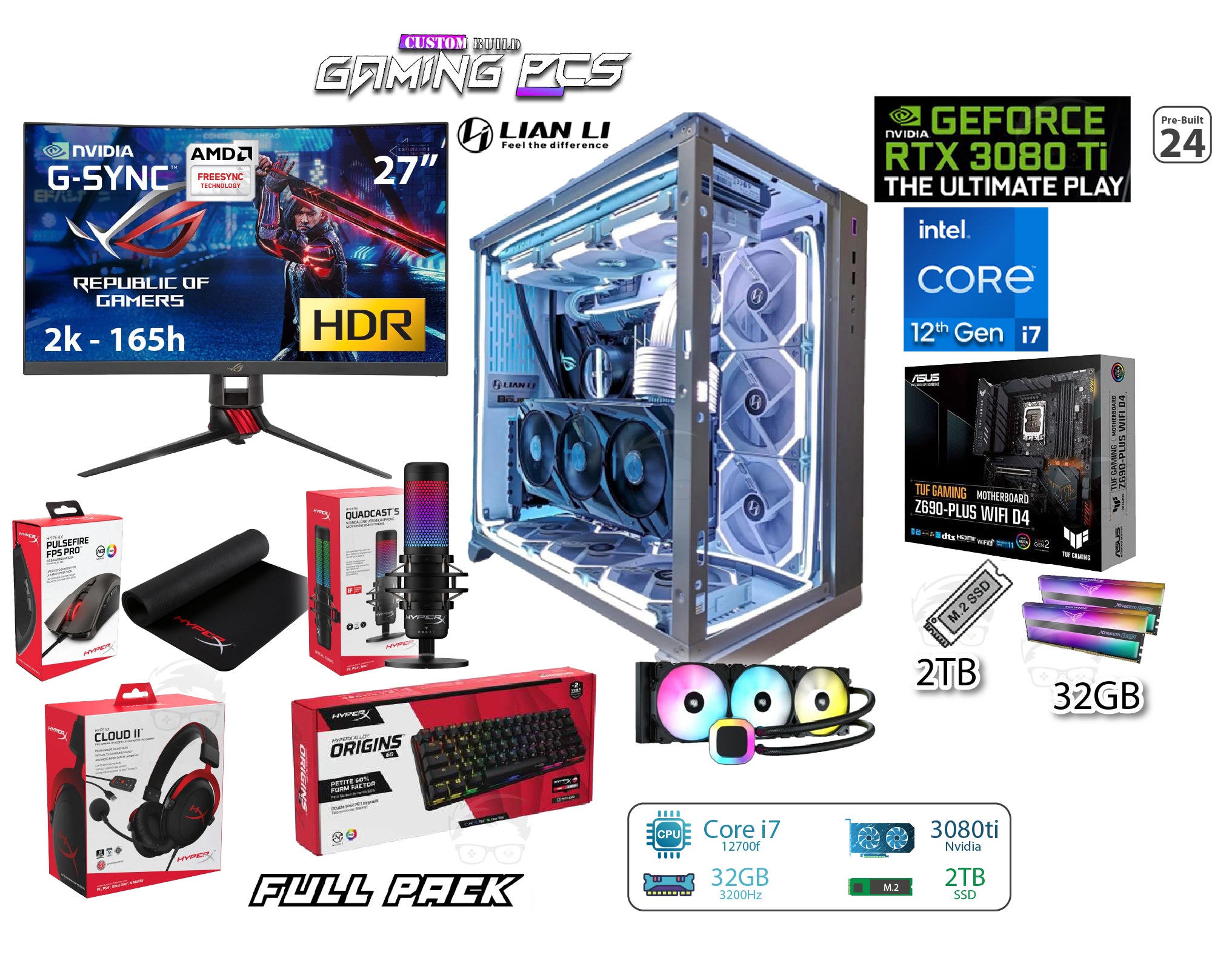 Pre-Built PC 24 Full Pack - Core i7 12th GEN / RTX 3080ti / 32GB RAM / 2TB SSD / Z690 / LG Monitor 27 Pre-Built PC 24 Full Pack - Core i7 12th GEN / RTX 3080ti / 32GB RAM / 2TB SSD / Z690 / LG Monitor 27